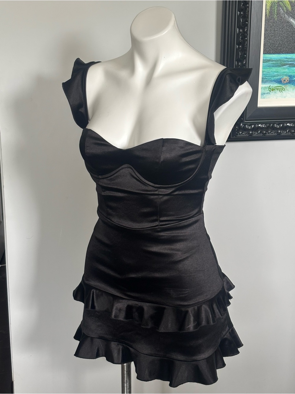 Lucy in the Sky Black Satin Ruffle Mini Dress Fits like a Small PTP 15-18”